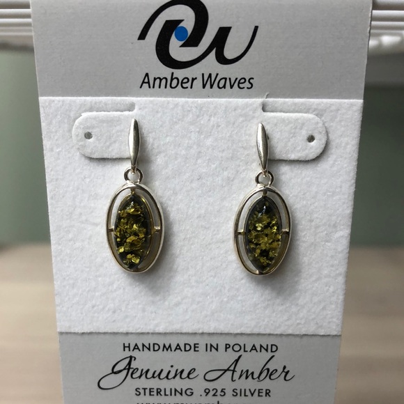 Green Baltic Amber Drop Earrings Sterling Silver Dangle - Picture 2 of 9